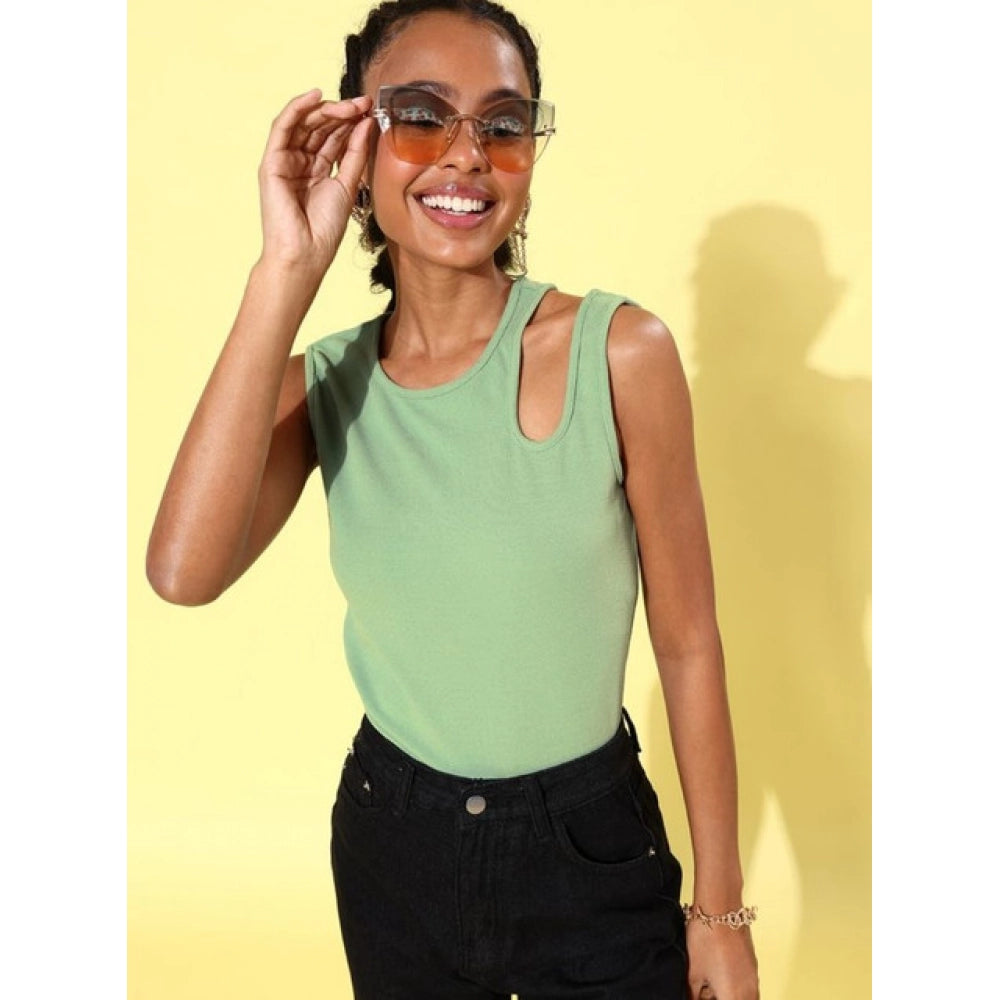 Amfyn Women's Polyester Lycra Solid Sleeveless Top (Green)