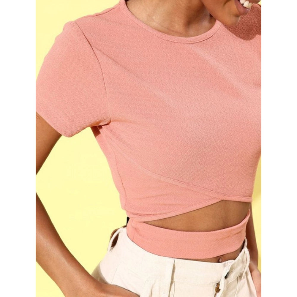 Amfyn Women's Polyester Lycra Solid Short Sleeve Top (Pink)