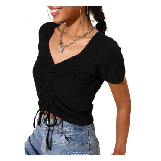 Amfyn Women's Polyester Lycra Solid Short Sleeve Top (Black)