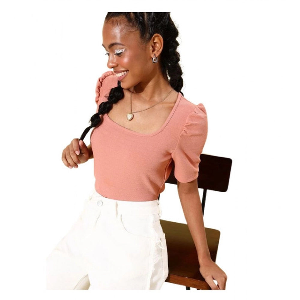 Amfyn Women's Polyester Lycra Solid Short Sleeve Top (Pink)