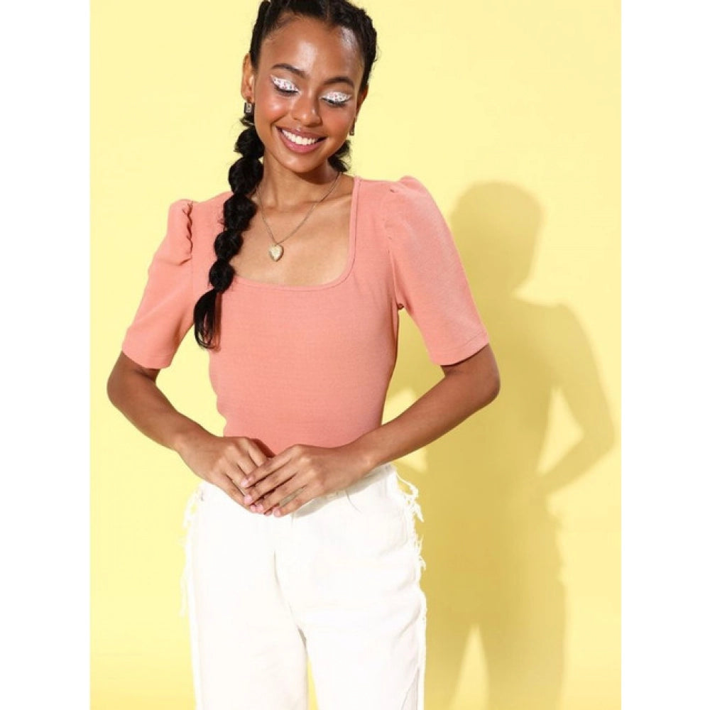 Amfyn Women's Polyester Lycra Solid Short Sleeve Top (Pink)