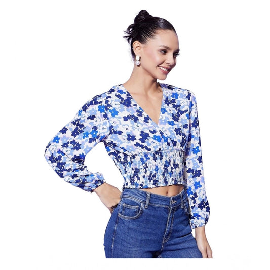 Amfyn Women's Polyester Floral Long Sleeves Top (Blue)
