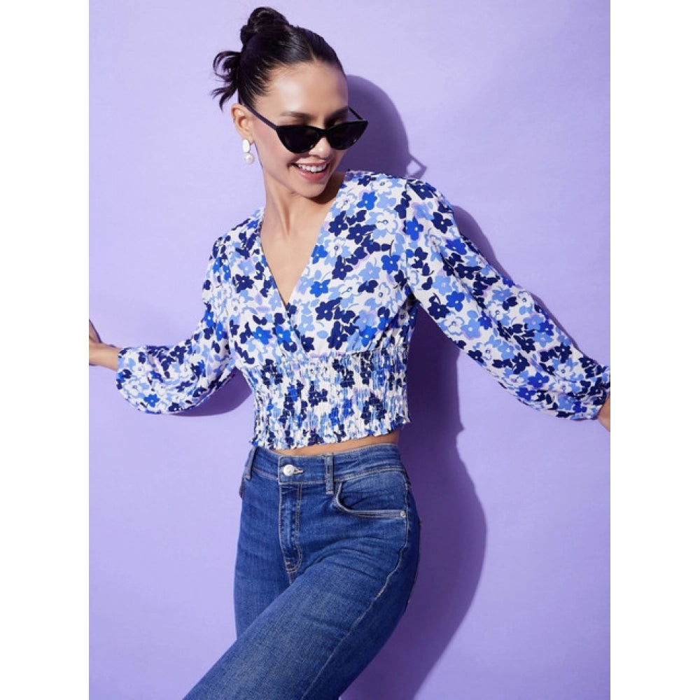 Amfyn Women's Polyester Floral Long Sleeves Top (Blue)