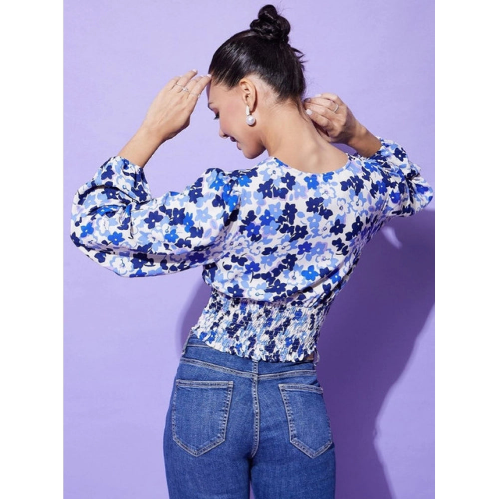Amfyn Women's Polyester Floral Long Sleeves Top (Blue)