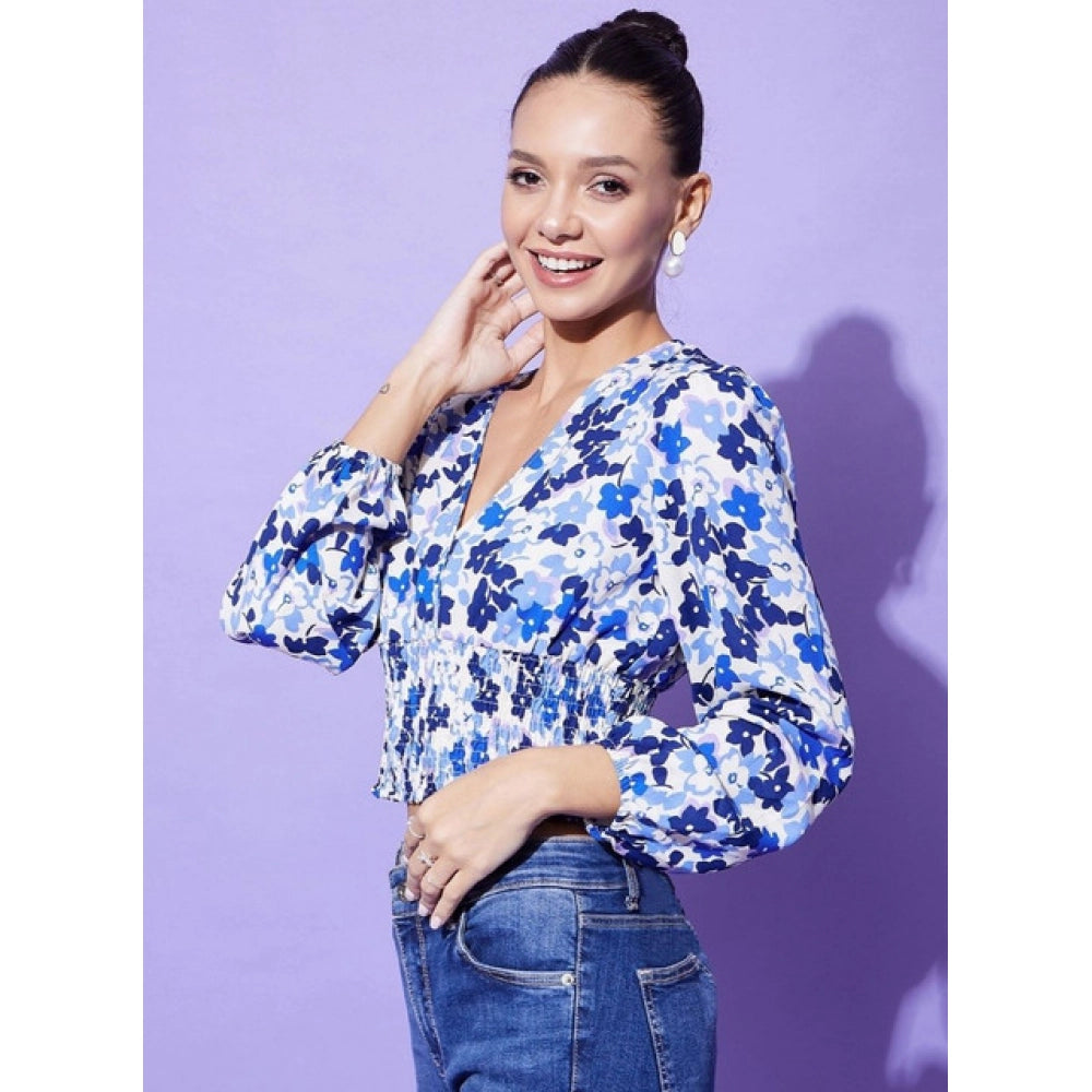 Amfyn Women's Polyester Floral Long Sleeves Top (Blue)