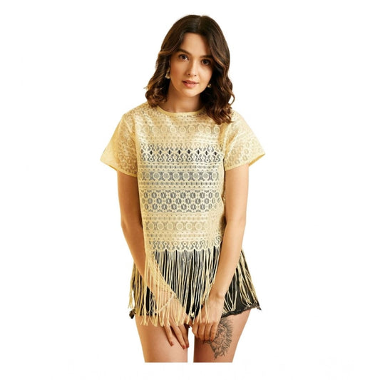 Amfyn Women's Polyester Lace Self Design Short Sleeve Top (Yellow)