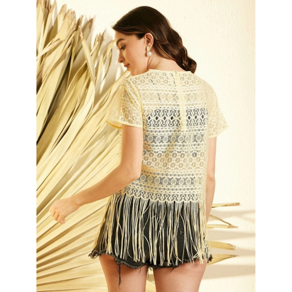 Amfyn Women's Polyester Lace Self Design Short Sleeve Top (Yellow)
