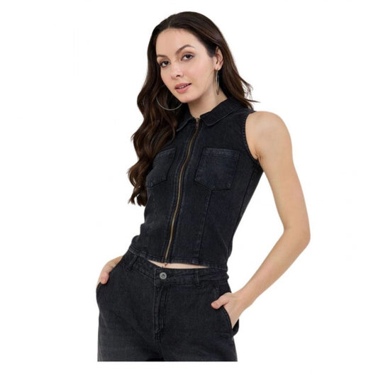 Amfyn Women's Denim Lycra Solid Sleeveless Top (Black)