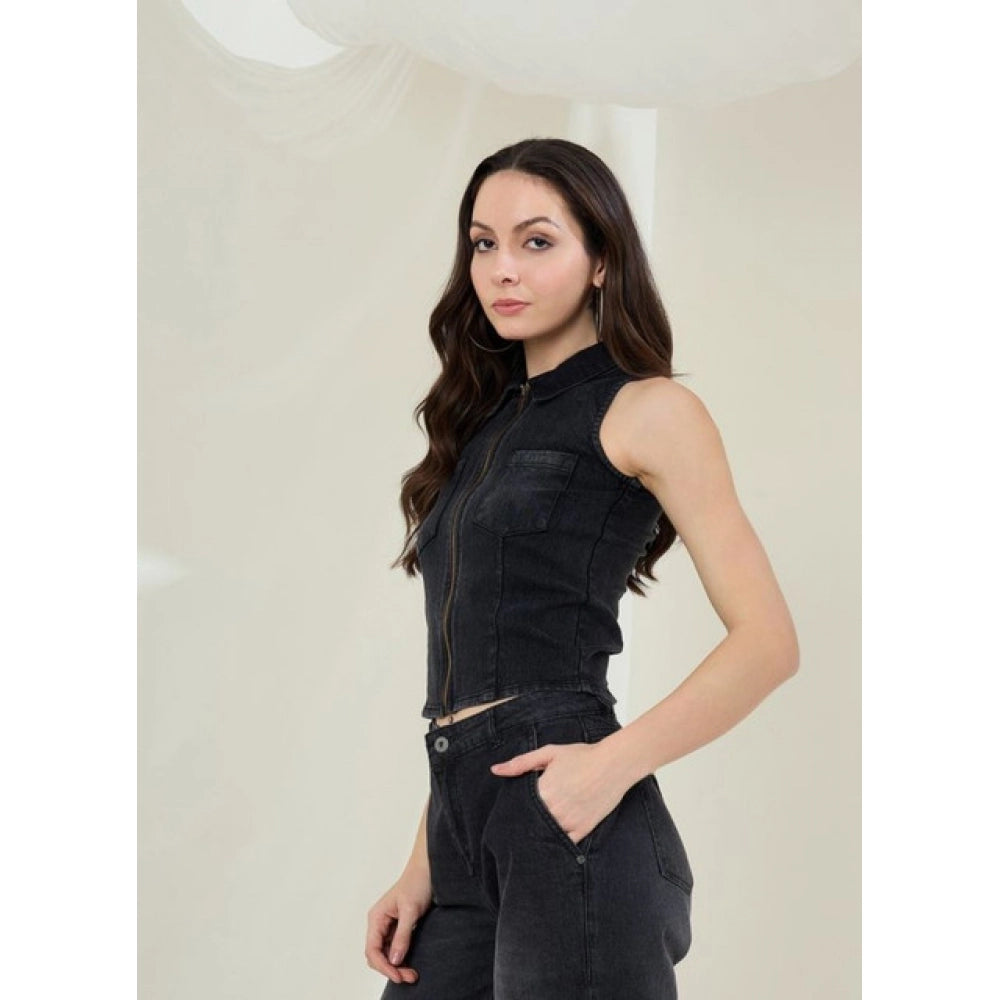 Amfyn Women's Denim Lycra Solid Sleeveless Top (Black)