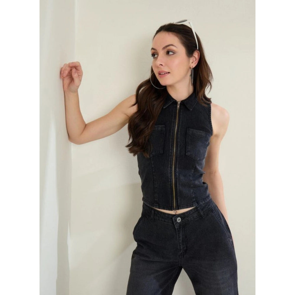 Amfyn Women's Denim Lycra Solid Sleeveless Top (Black)