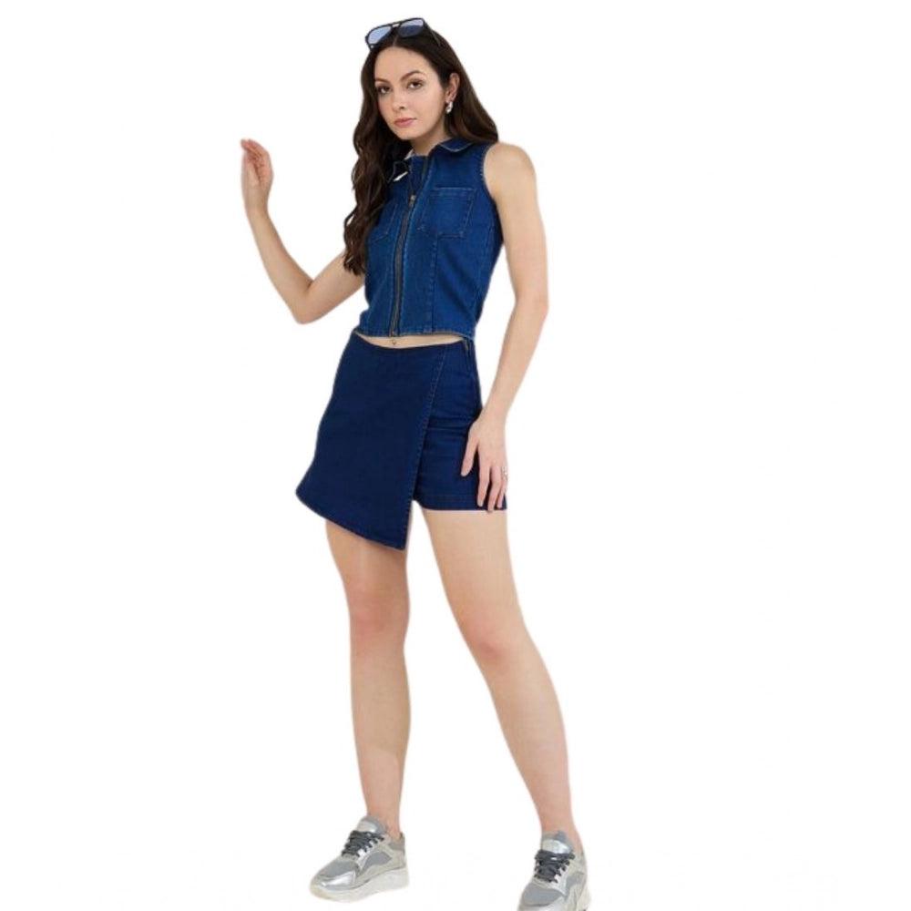 Amfyn Women's Denim Lycra Solid Sleeveless Top (Blue)