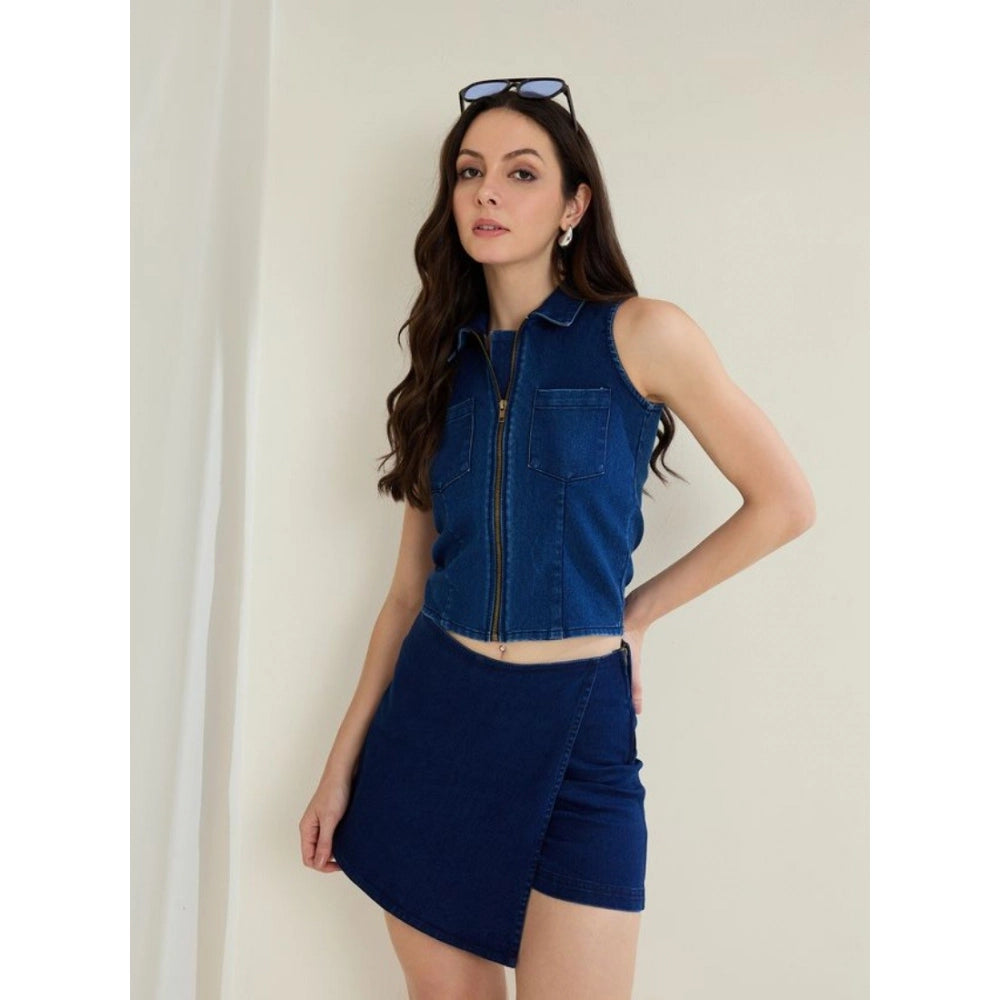 Amfyn Women's Denim Lycra Solid Sleeveless Top (Blue)