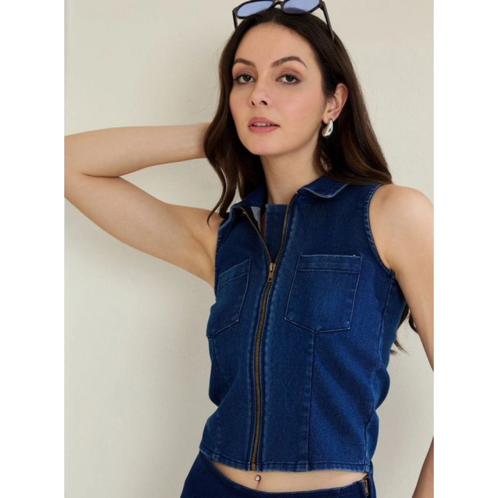 Amfyn Women's Denim Lycra Solid Sleeveless Top (Blue)