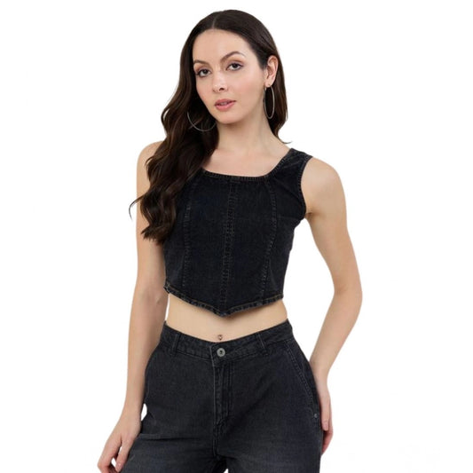 Amfyn Women's Denim Lycra Solid Sleeveless Top (Black)