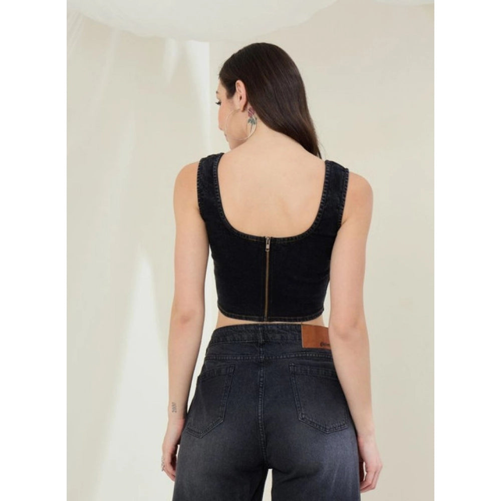 Amfyn Women's Denim Lycra Solid Sleeveless Top (Black)