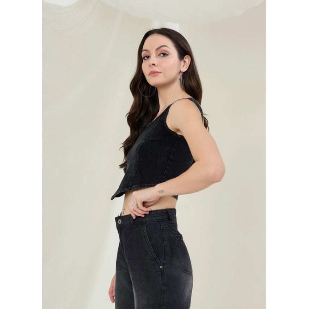 Amfyn Women's Denim Lycra Solid Sleeveless Top (Black)