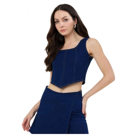 Amfyn Women's Denim Lycra Solid Sleeveless Top (Blue)