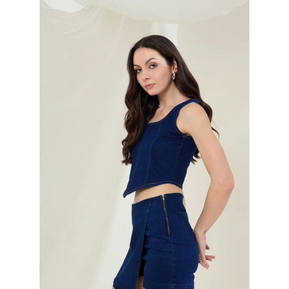 Amfyn Women's Denim Lycra Solid Sleeveless Top (Blue)