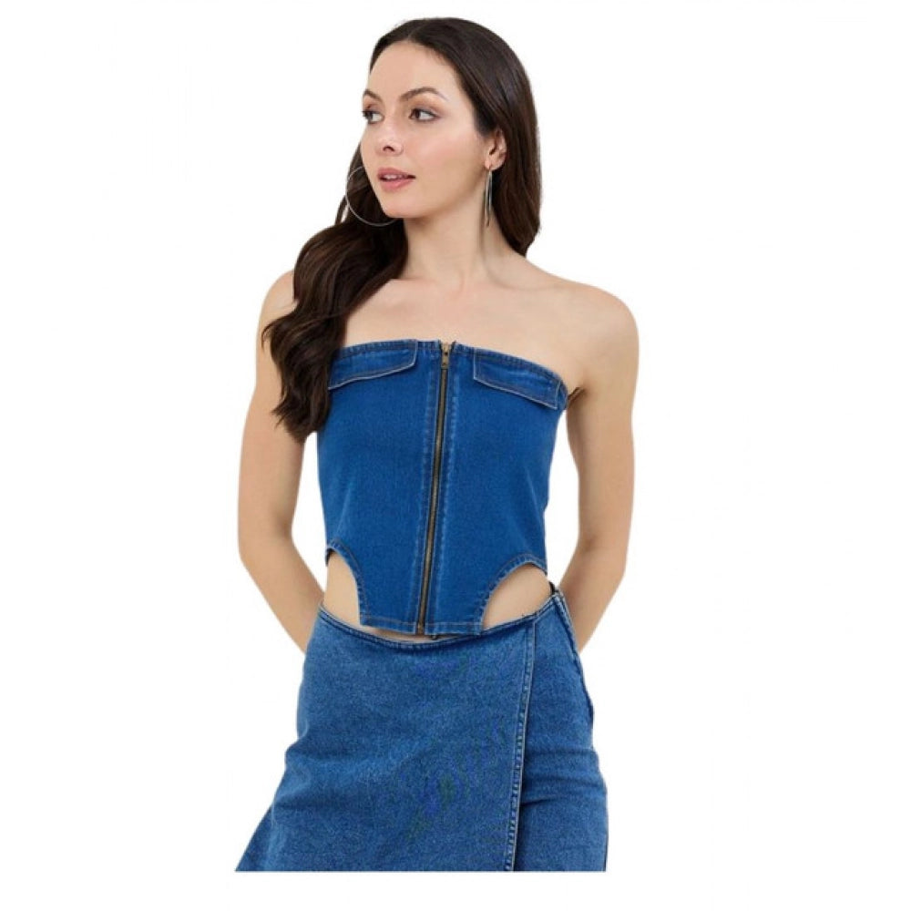 Amfyn Women's Denim Lycra Solid Sleeveless Top (Blue)