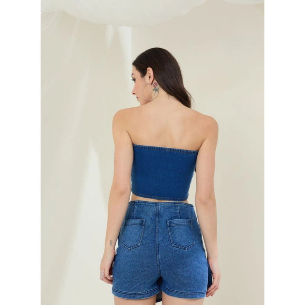 Amfyn Women's Denim Lycra Solid Sleeveless Top (Blue)