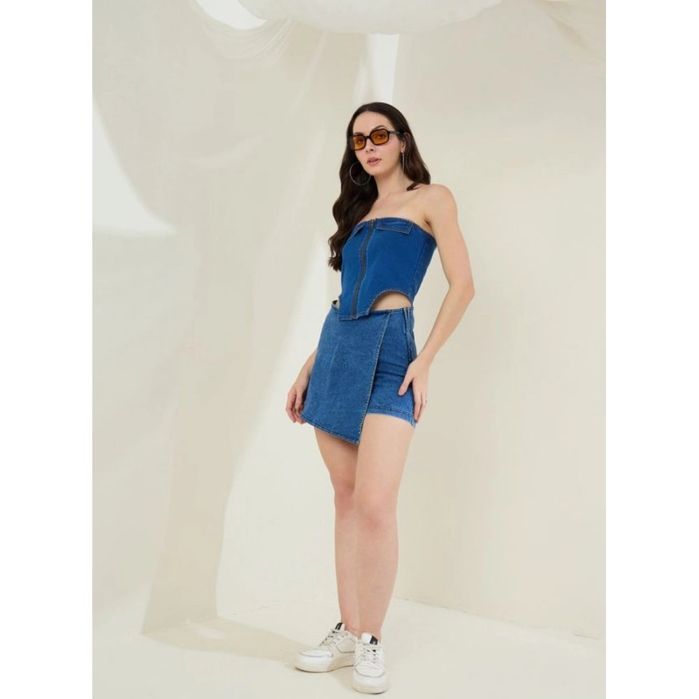 Amfyn Women's Denim Lycra Solid Sleeveless Top (Blue)