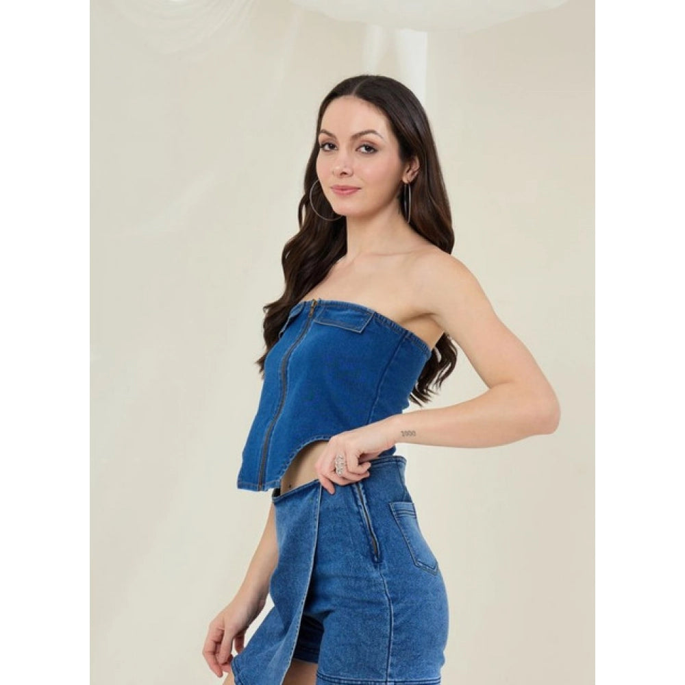 Amfyn Women's Denim Lycra Solid Sleeveless Top (Blue)