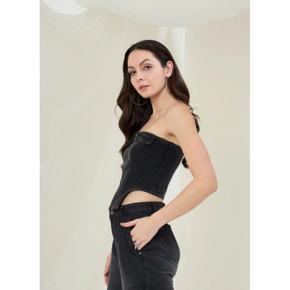 Amfyn Women's Denim Lycra Solid Sleeveless Top (Black)