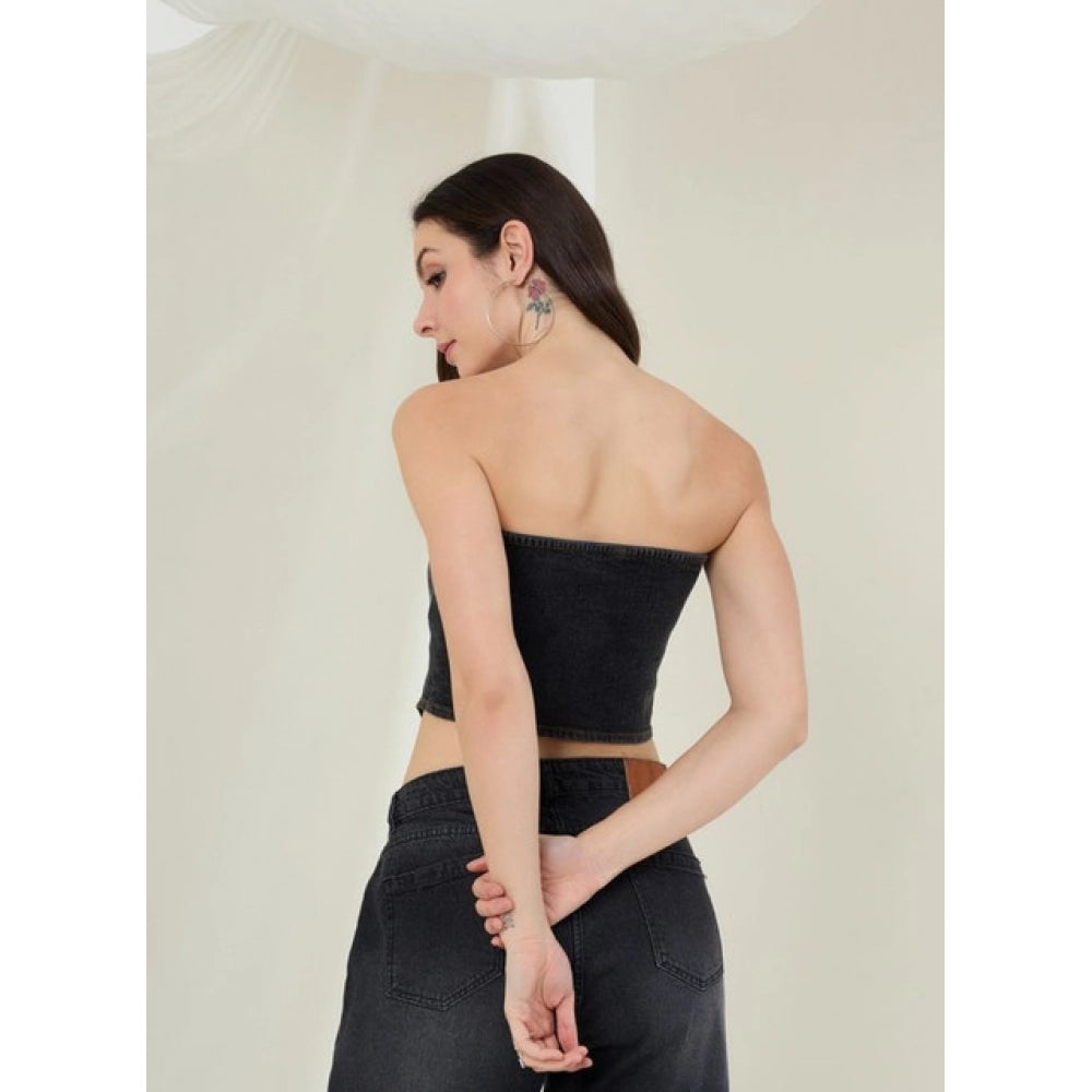 Amfyn Women's Denim Lycra Solid Sleeveless Top (Black)