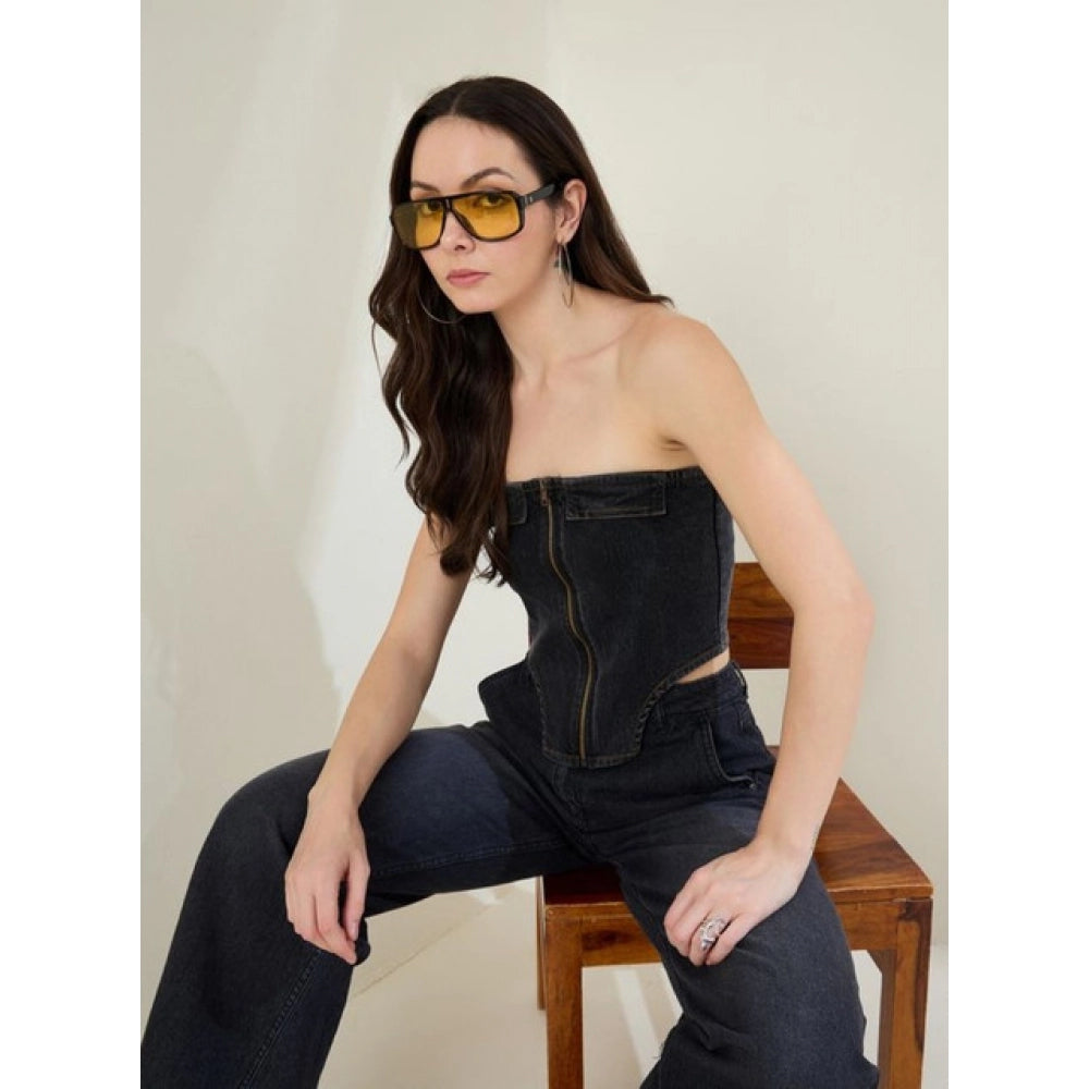 Amfyn Women's Denim Lycra Solid Sleeveless Top (Black)