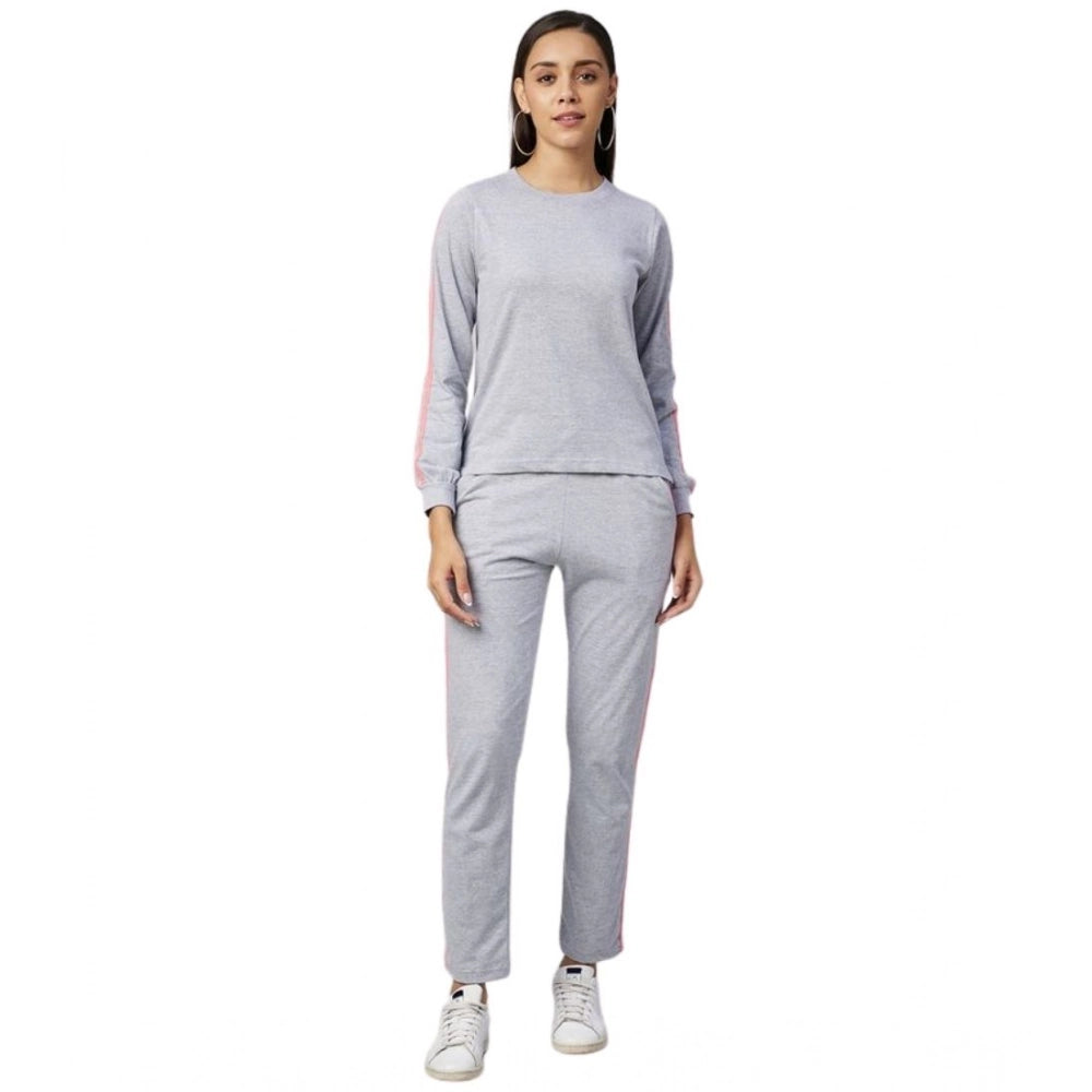 Amfyn Women's Cotton Solid Long Sleeves Tracksuit (Light Grey - Pink)