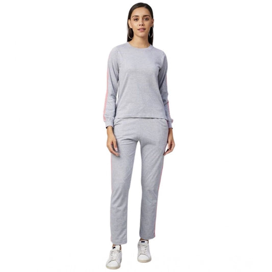 Amfyn Women's Cotton Solid Long Sleeves Tracksuit (Light Grey - Pink)