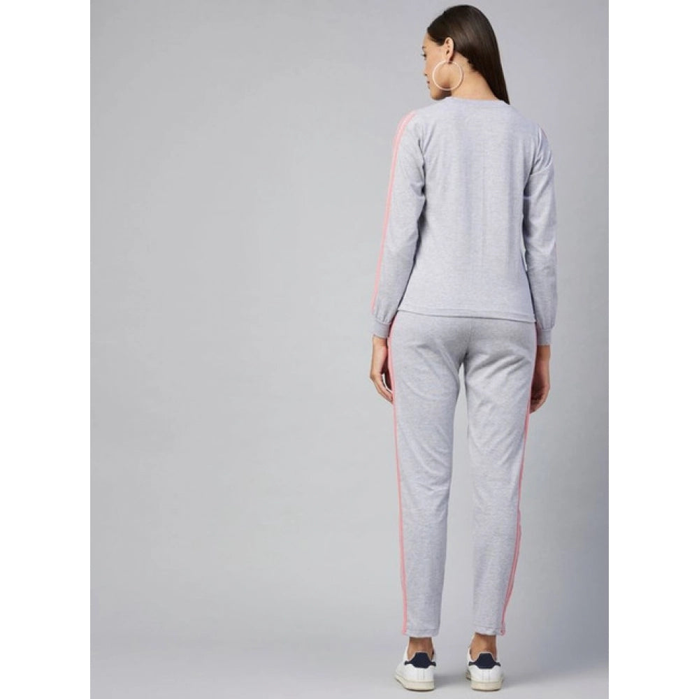Amfyn Women's Cotton Solid Long Sleeves Tracksuit (Light Grey - Pink)