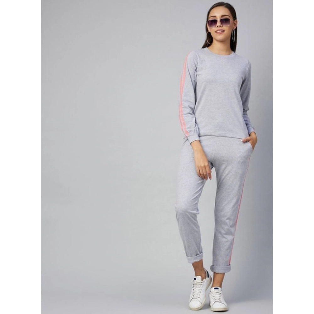 Amfyn Women's Cotton Solid Long Sleeves Tracksuit (Light Grey - Pink)