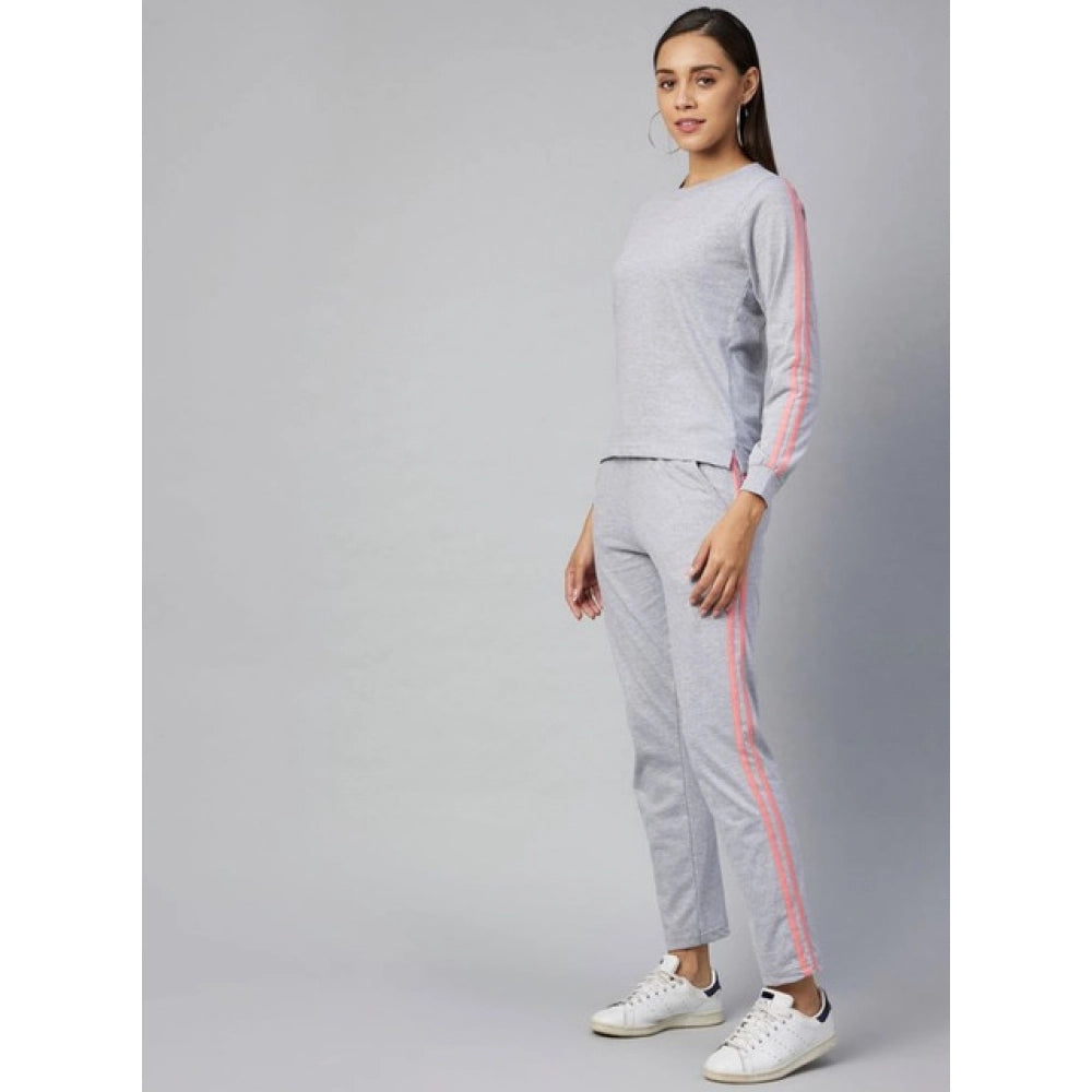 Amfyn Women's Cotton Solid Long Sleeves Tracksuit (Light Grey - Pink)