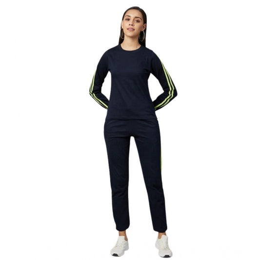 Amfyn Women's Cotton Solid Long Sleeves Tracksuit (Navy - Green)