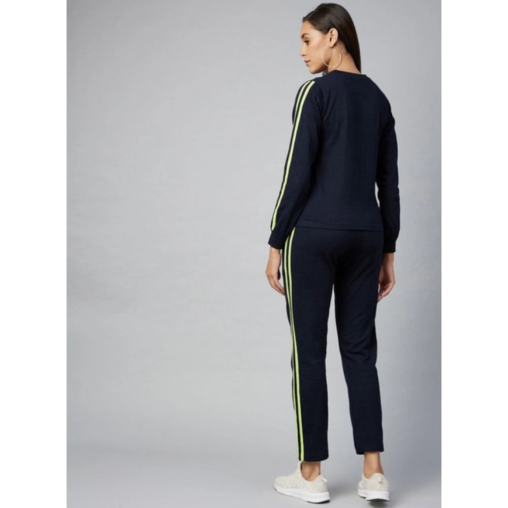 Amfyn Women's Cotton Solid Long Sleeves Tracksuit (Navy - Green)