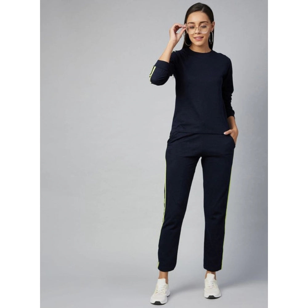 Amfyn Women's Cotton Solid Long Sleeves Tracksuit (Navy - Green)