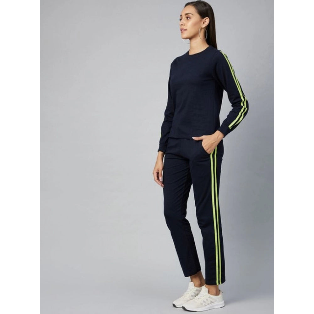 Amfyn Women's Cotton Solid Long Sleeves Tracksuit (Navy - Green)