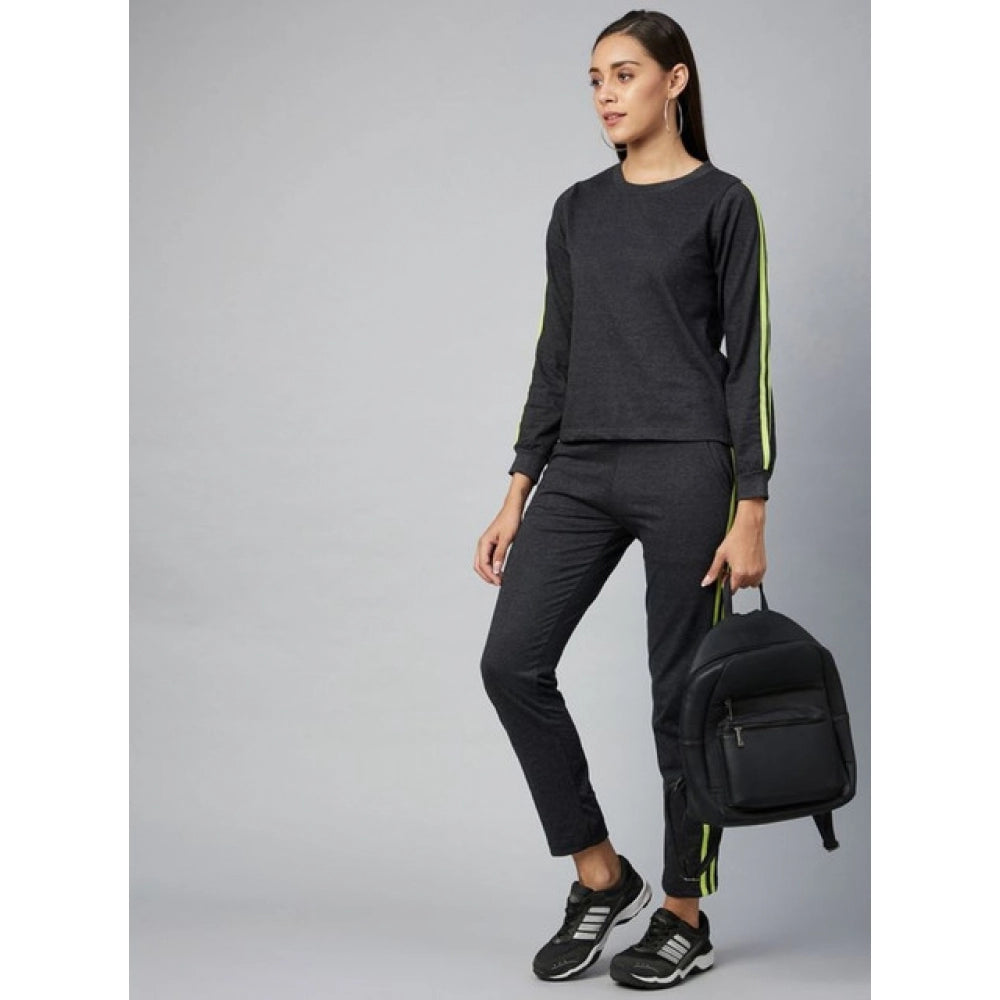 Amfyn Women's Cotton Solid Long Sleeves Tracksuit (Dark Grey - Green)