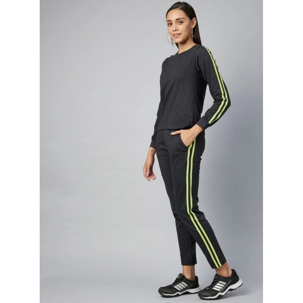 Amfyn Women's Cotton Solid Long Sleeves Tracksuit (Dark Grey - Green)