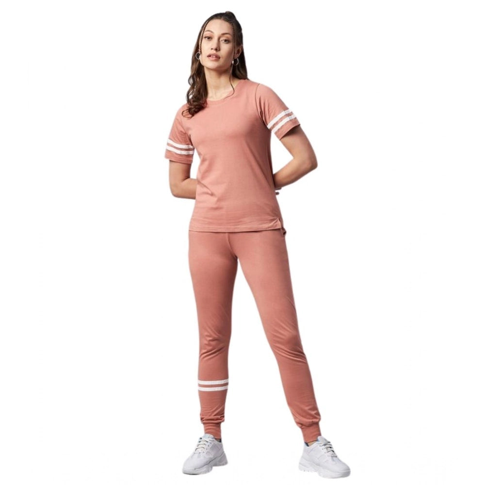 Amfyn Women's Cotton Striped Short Sleeve Tracksuit (Pink)