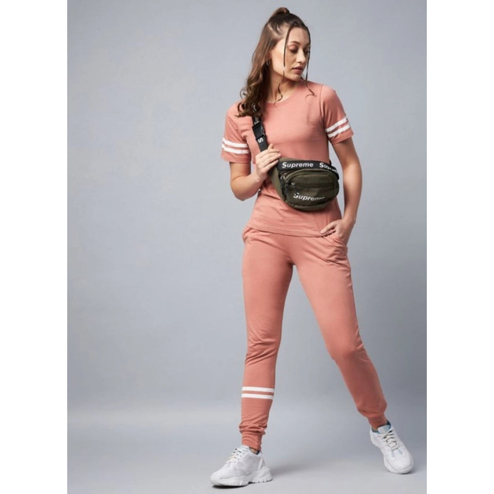 Amfyn Women's Cotton Striped Short Sleeve Tracksuit (Pink)