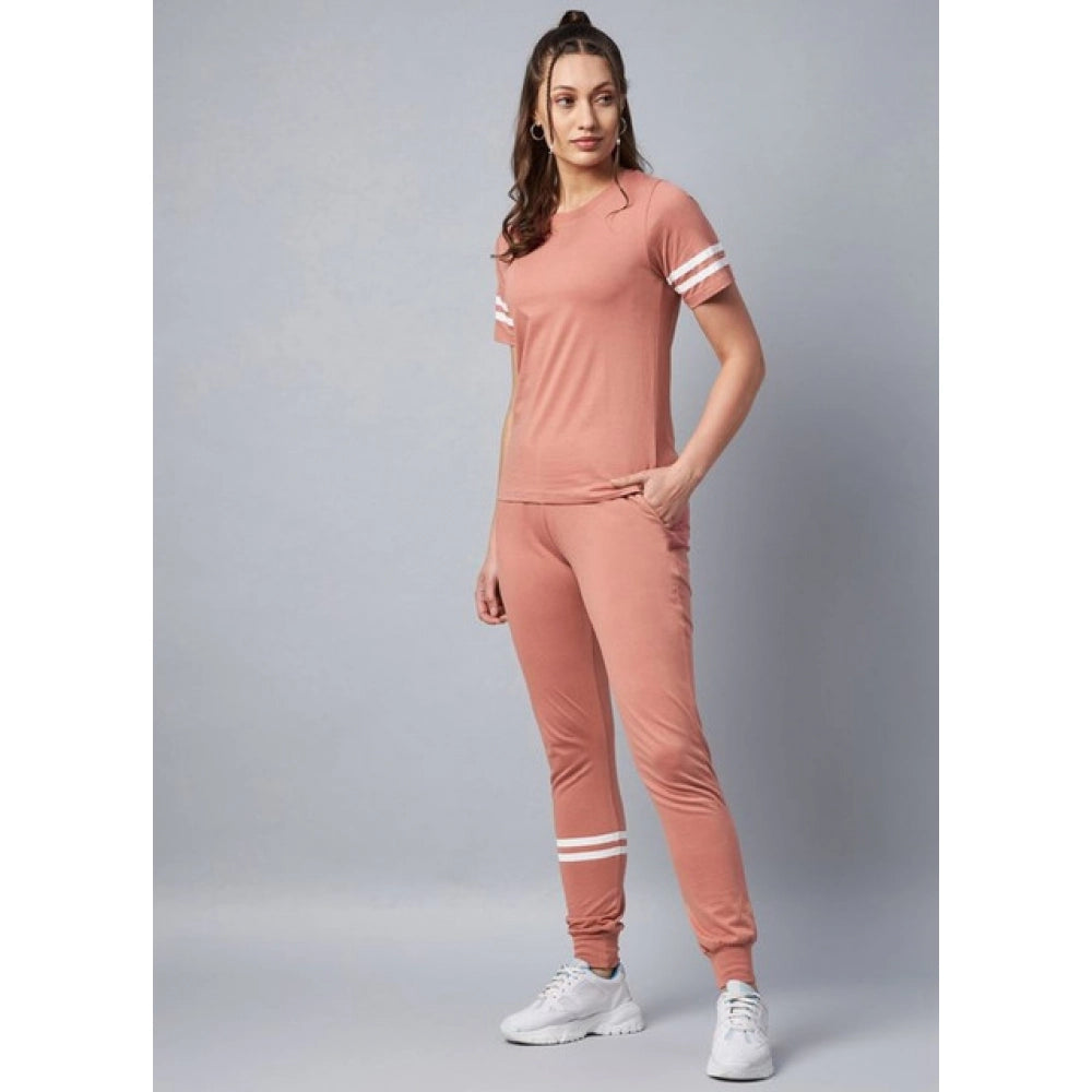 Amfyn Women's Cotton Striped Short Sleeve Tracksuit (Pink)