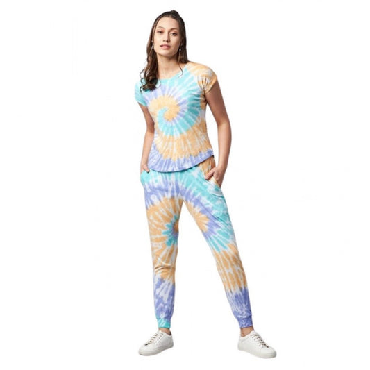 Amfyn Women's Cotton Tie And Dye Short Sleeve Tracksuit (Multicolor)