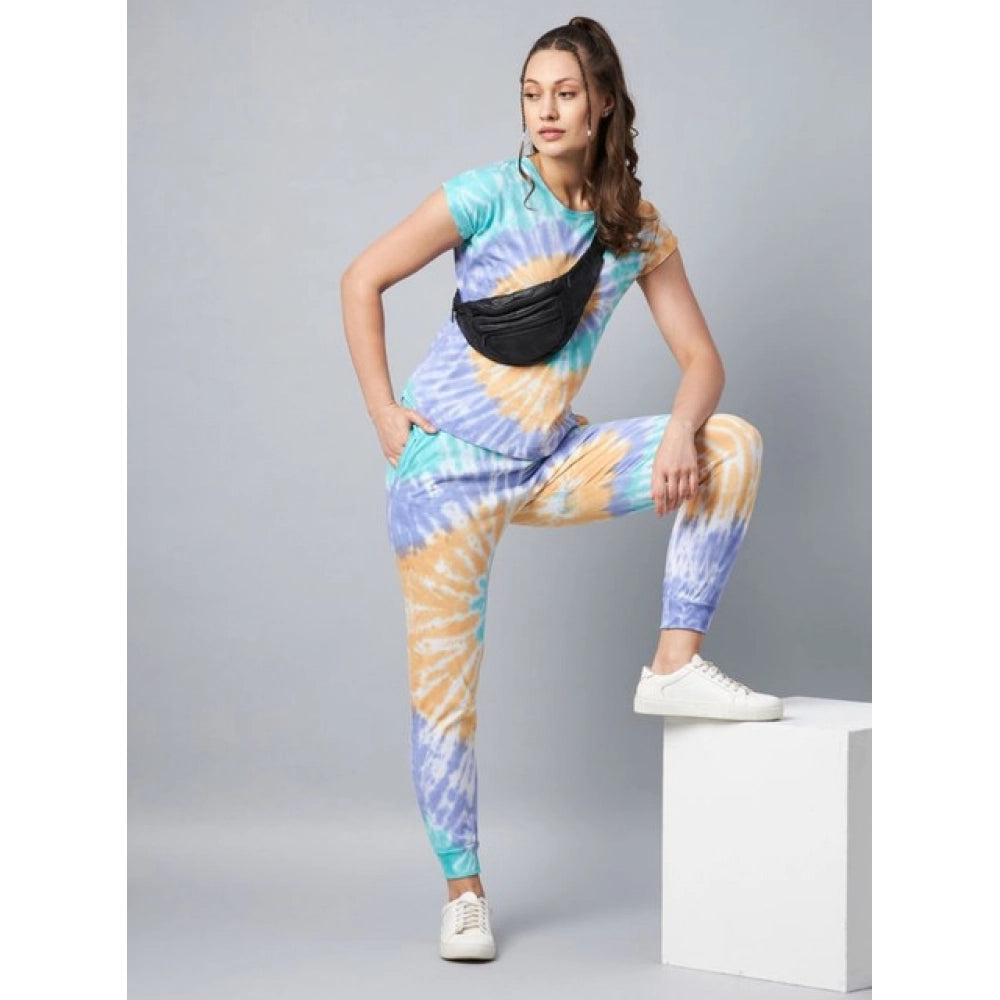 Amfyn Women's Cotton Tie And Dye Short Sleeve Tracksuit (Multicolor)
