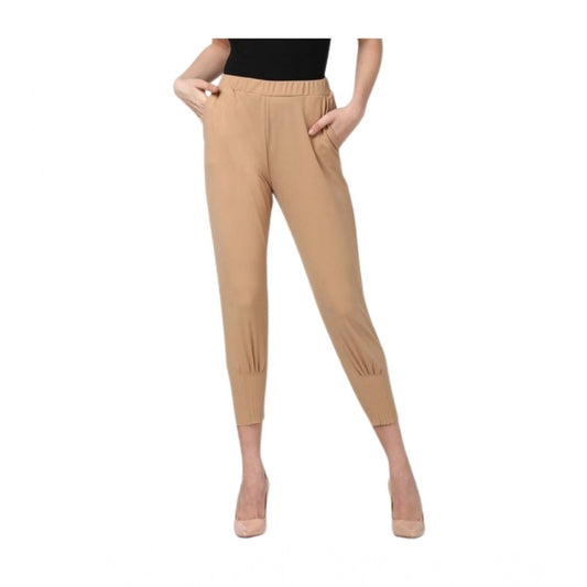 Amfyn Women's Polyester Solid Elasticated Trousers (Beige)