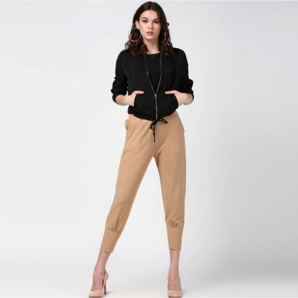 Amfyn Women's Polyester Solid Elasticated Trousers (Beige)