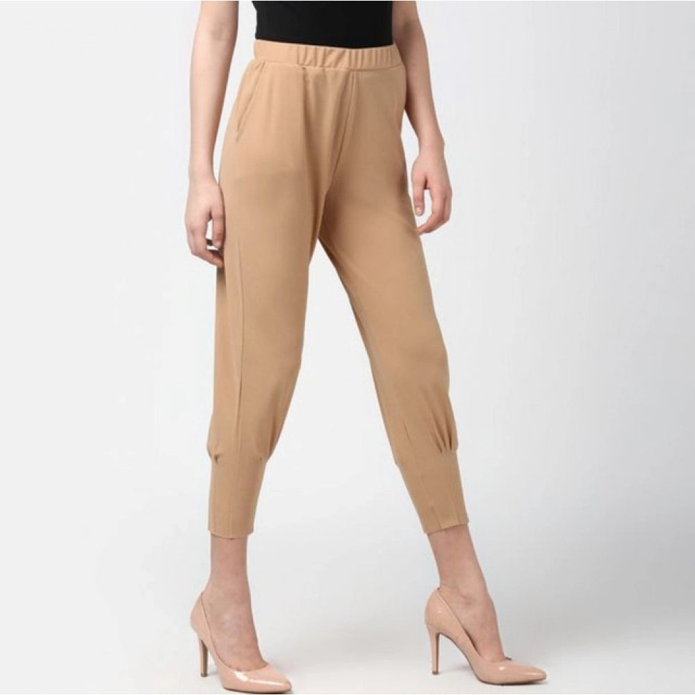Amfyn Women's Polyester Solid Elasticated Trousers (Beige)