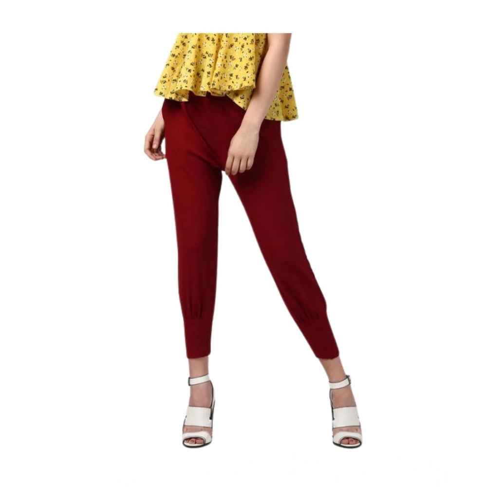 Amfyn Women's Polyester Solid Elasticated Trousers (Maroon)
