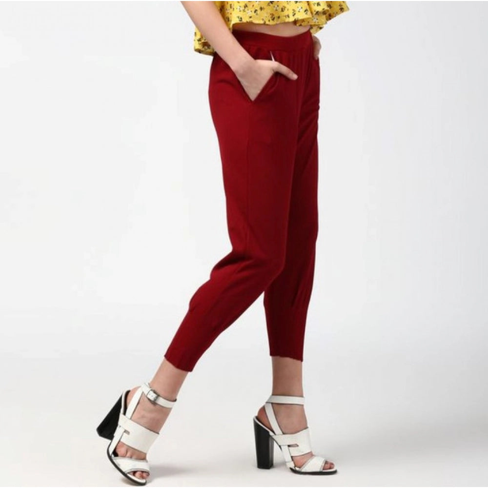 Amfyn Women's Polyester Solid Elasticated Trousers (Maroon)